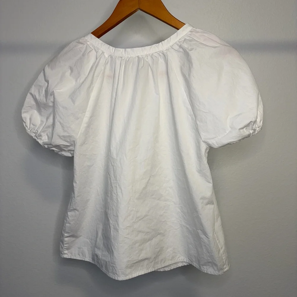 🌊 100% Cotton White Puff-Sleeve Button Front Blouse - Picture 2 of 5